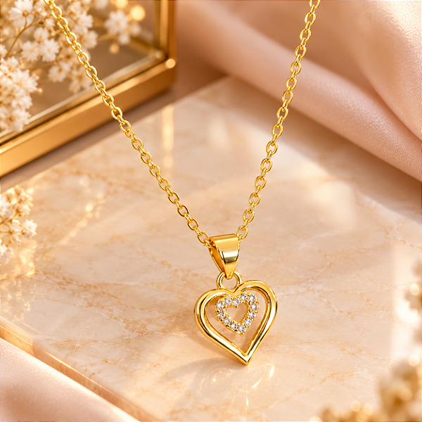 Conjunto - CONJ 2 PÇ GARG CADEADO 45 +PINGENTE DOBLE CORAÇÃO CRAV ZIRC