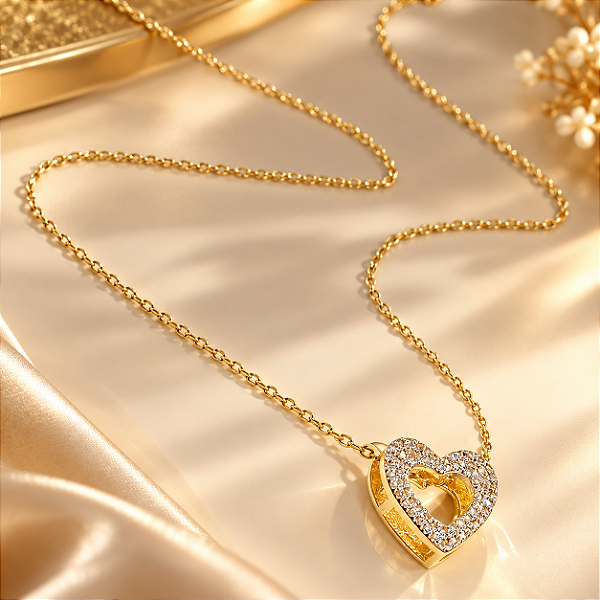 Conjunto - CONJ 2PÇ GARG CADEADINHO 45CM E PING CORAÇÃO DUPLO COM PASSA FIO CRAVEJADO DE ZIRCONIAS 18K