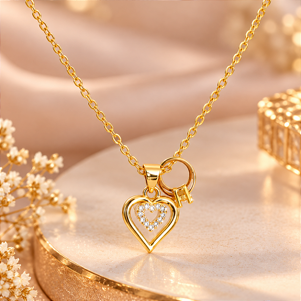Conjunto - CONJ 3 PÇ GARG CADEADO 45 +PINGENTE DOBLE CORAÇÃO E SOLIT BEBÊ CRAV ZIRC