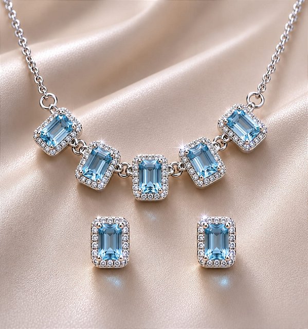 Conjunto - CONJ 3PÇ GARG C 5 PING FIXO PEDRAS RETANG E MICRO ZIRC + BRINCO ZIRC -AZUL CÉU