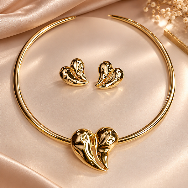 CONJ CHOKER ARO C PING CORAÇÃO ORGANICO E BRINCOS