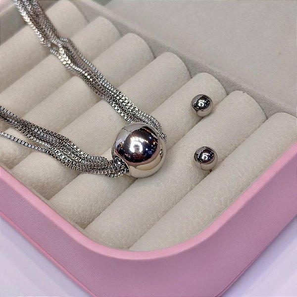 Conjunto - CONJ COLAR MULTI FIOS E PINGENTE ESFERA + BRINCOS ESFERAS