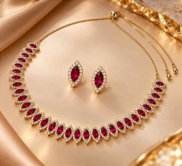 Conjunto - CONJ GARG GOTAS PINK COM BORDAS CRAVEJADAS EM ZIRCÔNIA + BRINCOS GOTA