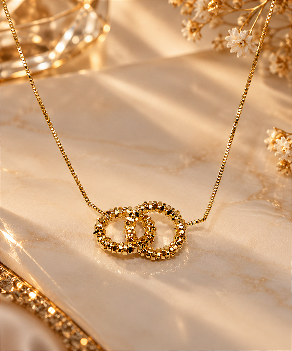 Conjunto - CONJUNTO 02 PEÇAS GARGANTILHA VENEZIANA COM ESTENSOR E PINGENTE FIXO ELOS CIRCULOS DIAMANTADOS 18K