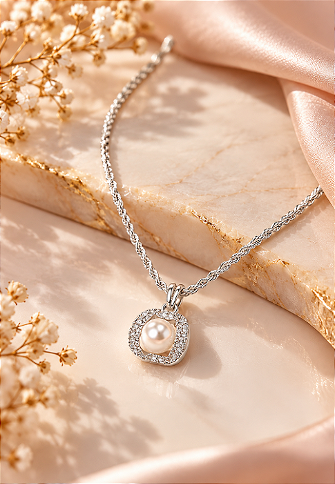 Conjunto - CONJUNTO 2 PÇ CORDÃO BAIANO E PINGENTE LUXO ZIRCONIA E PEROLA AGUA DOCE