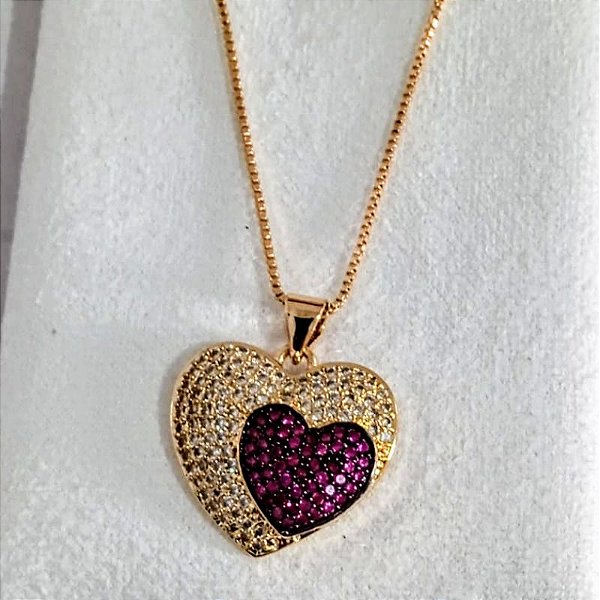 Conjunto - CONJUNTO 2PÇ GARGANTILHA FIO VENEZIANA 45+5CM EXTENSOR E PINGENTE CORAÇÃO CRAVEJADO DE ZIRCONIAS DUAS CORES 18K