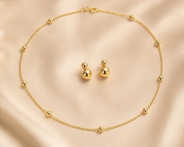 CONJUNTO 3 PÇ CORDÃO DE3 BOLINHAS 50CM E BRINCO ES