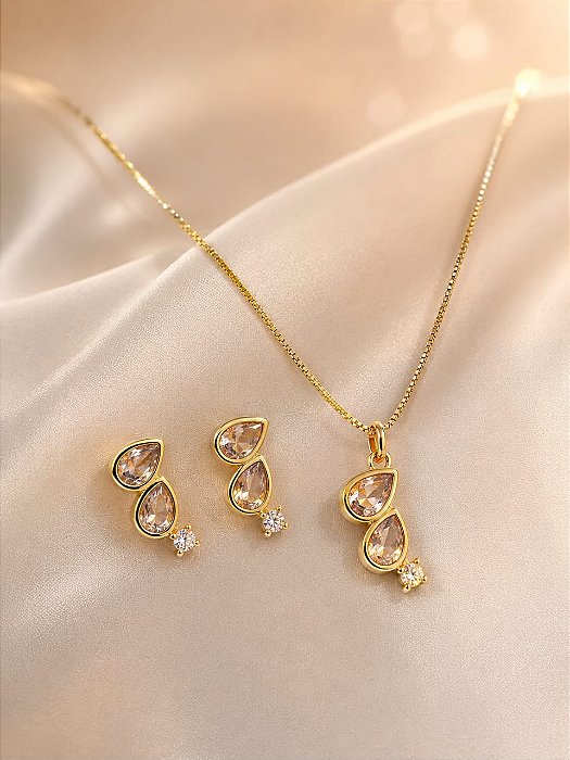 Conjunto - CONJUNTO 4 PÇ GARG VENEZ 45CM BRINCO E PINGENTE COM ZIRCONIAS 8mm GOTA E 3mm 18K