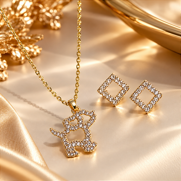 Conjunto - CONJUNTO 4 PEÇAS GARGANTILHA CADEADO 45CM PING CÃO CONTOR EM ZIRCONIAS BRINCO LOSANGO 1,3mm 18K