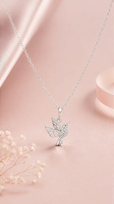 CONJUNTO 2PC COLAR PRATA PINGENTE BEIJA FLOR COM Z