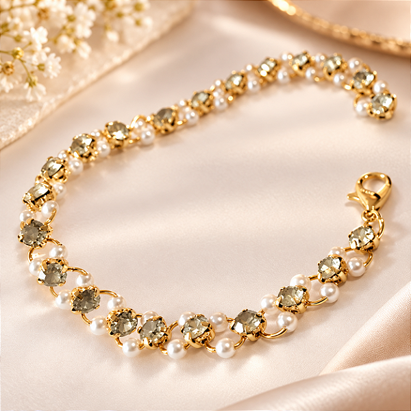 PULSEIRA BRACELETE CRISTAL COM PÉROLAS