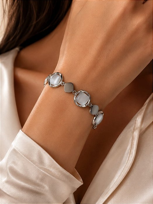 PULSEIRA BRACELETE LOSANGOS E PEDRA OLHO DE GATO