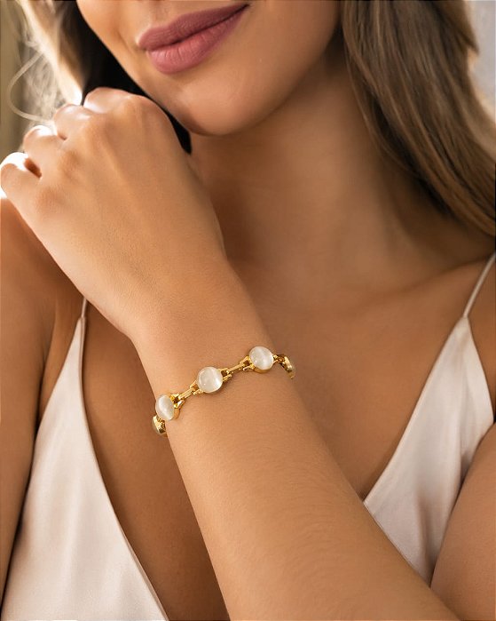 PULSEIRA LUXO CÍRCULOS COM PEDRA OLHO DE GATO