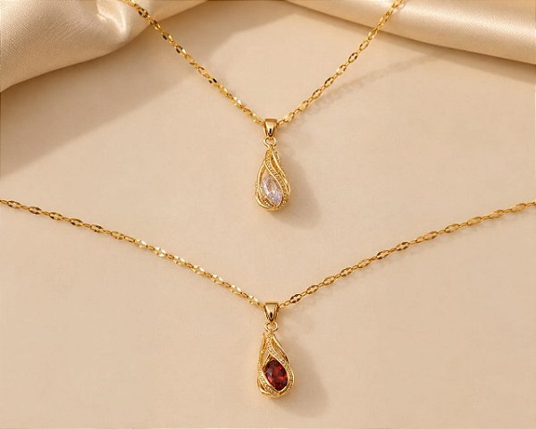 CONJ GARGANTILHA C/PING RUBY/ CRISTAL AÇO DOURADO