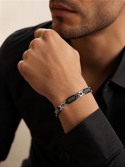 BRACELETE MASCULINO CONEXÕES AÇO E DETALHE EM GRAF