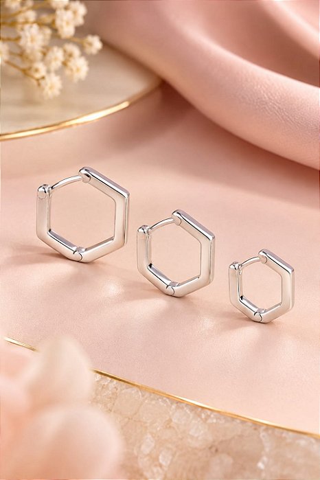 BRINCO TRIO ARGOLA HEXÁGONO PRATA