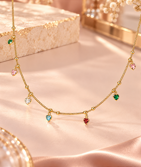 CHOCKER MELINDROSA E ZIRCONIAS CORAÇÃO COLORIDO