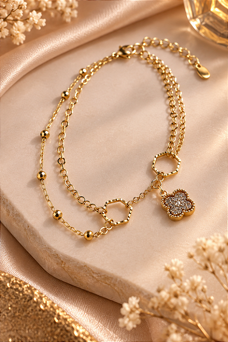 PULSEIRA TREVOS CRAVEJADOS E HEXAGONOS DIAMANTADOS