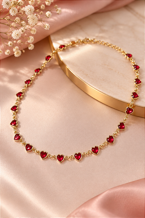 CHOCKER ZIRCONIAS CORAÇÃO ZIRC VERMELHA