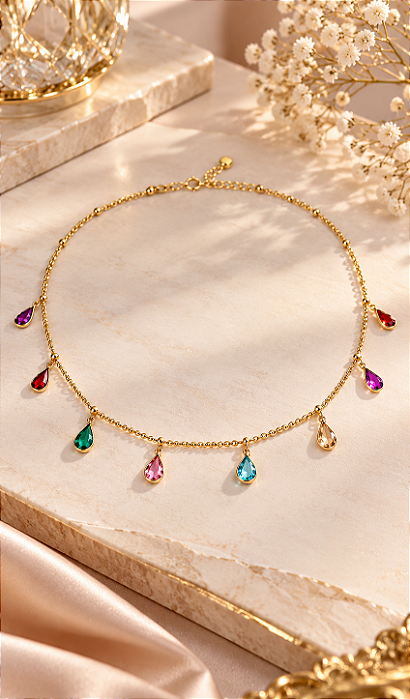 CHOCKER CORDÃO BOLINHAS C/ZIRCONIAS GOTAS COLORIDA