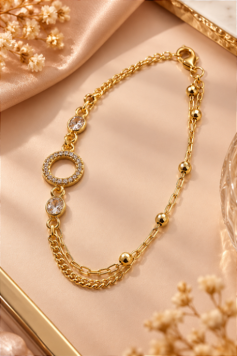 PULSEIRA DUPLA MISTA ELO PORTUGUES E DETALHE CRAVE