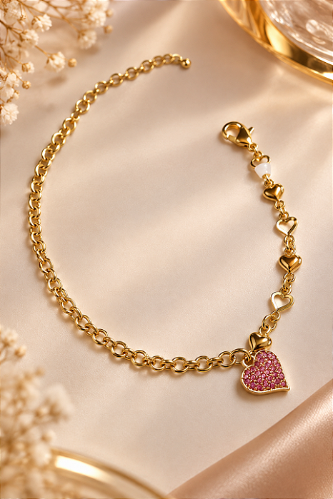 PULSEIRA ELO PORTUGUES E CORAÇÃO CRAV PINK
