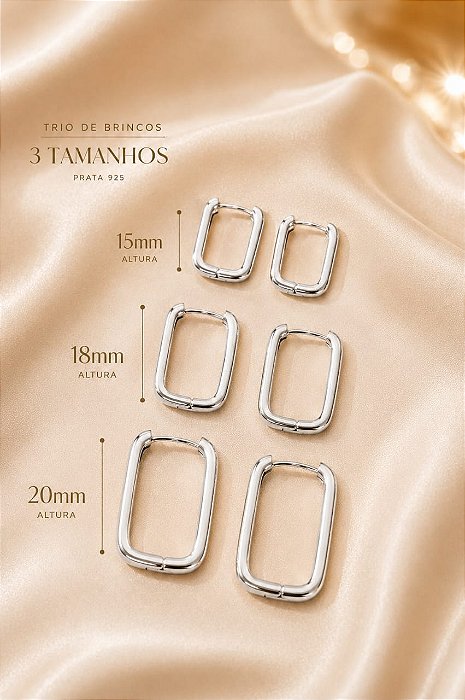 BRINCO TRIO ARGOLAS RETANGULARES MAIORES ARO LISO