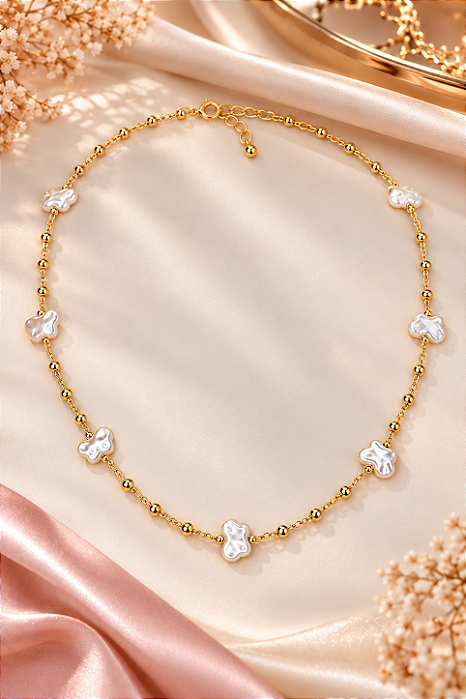 CHOKER ESFERAS E BORBOLETAS PEROLISADAS 40+5CM