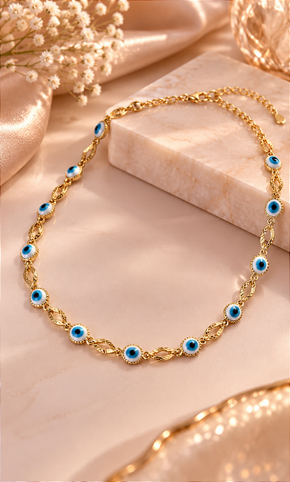 CHOKER SEQUENCIA DE OLHO GREGO COLORIDO E DIAMANTA