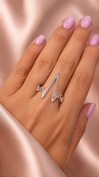 ANEL ZIG ZAG EM PRATA E FAIXA EM ZIRCONIAS 1MM
