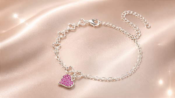Pulseira - PULSEIRA MISTA ELO PORT E BERLOQUE CORAÇÃO CRAVEJ ZIRC PINK