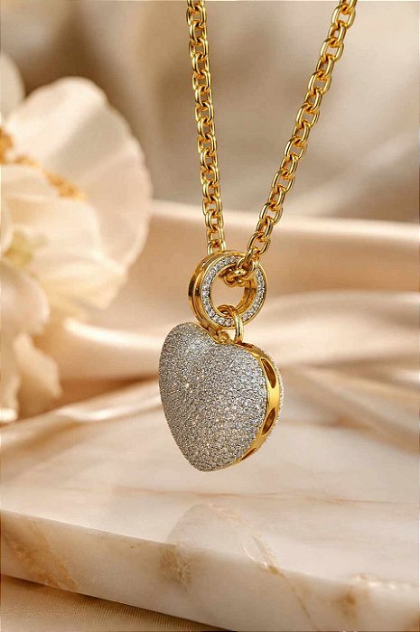 Conjunto - CONJ 2 PÇ CORDÃO CHILENO FECHO BOIA LUXO E PING ABSOLUTE CORAÇÃO 968 ZIRC 5A MAXI