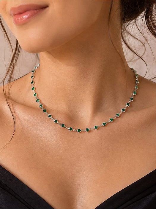 CHOKER CORAÇÕES EM ZIRCONIA VERDE ESMERALDA