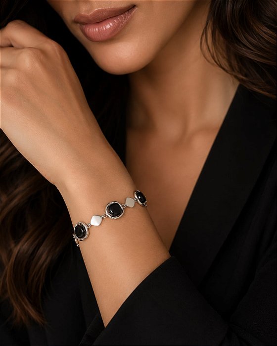 PULSEIRA BRACELETE LOSANGOS E PEDRA PRETO ABSOLUTO