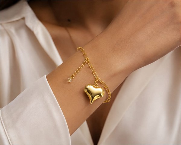 PULSEIRA ELO CARTIER C/ PINGENTE CORAÇÃO DUPLA FAC