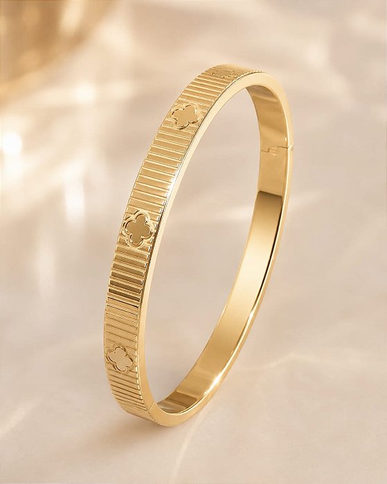 BRACELETE LINHAS E C/ TREVO LISO 4 FOLHAS AÇO DOUR