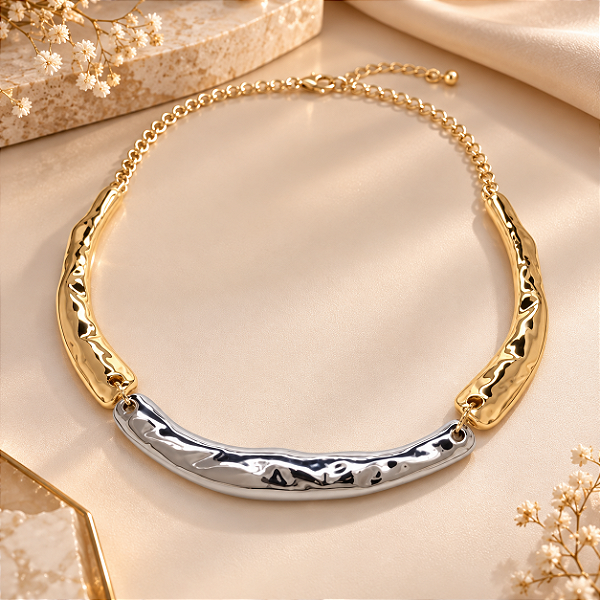 Choker - CHOKER COLAR MAXIMALISTA LARG DIVS DE 6 A 12mm COM ESTENSOR DE CORRENTE E EM DOIS TONS PALÁDIO E DETALHES 18K