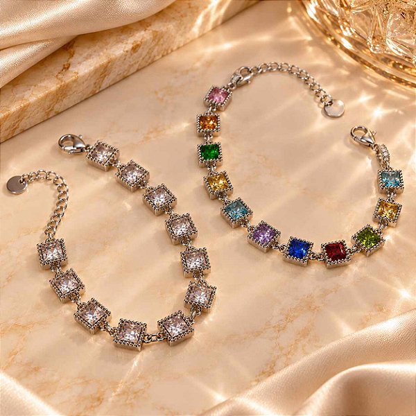 PULSEIRA ELOS E QUADRADOS CRISTAL/COLORS AÇO