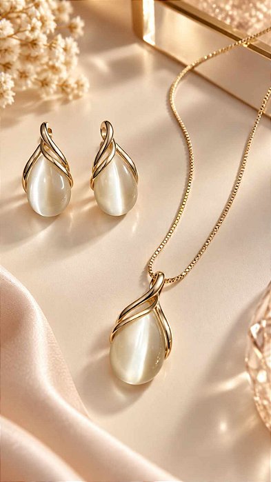 CONJUNTO COLAR VENEZIANA GOTA OLHO DE GATO + BRINC