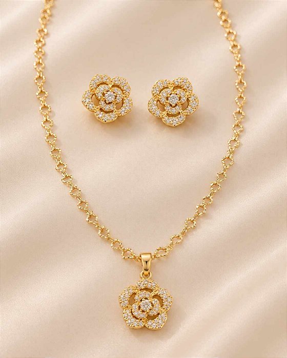CONJUNTO GARGANTILHA E BRINCOS C/ ROSINHA CRAVEJAD