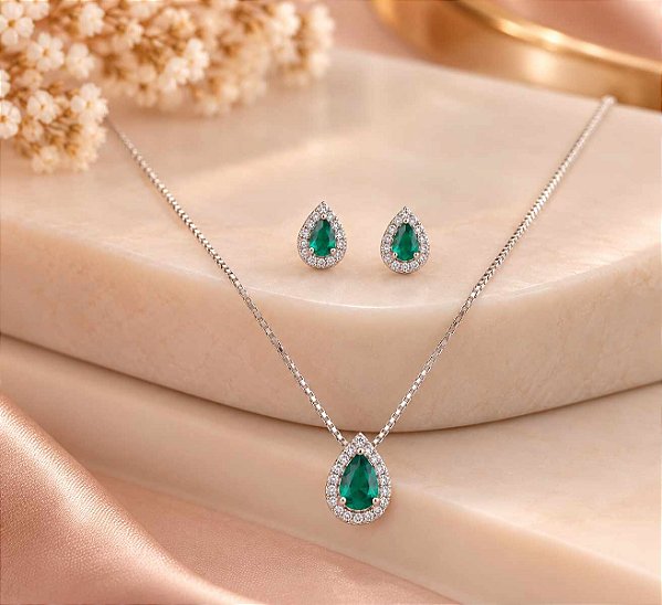 CONJUNTO COLAR E BRINCOS GOTA ZIRCONIA VERDE CRAVE