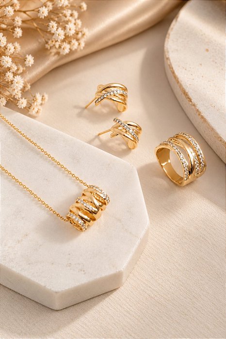 CONJUNTO COLAR E BRINCOS ROLETE LISO E LINHA CRAVE