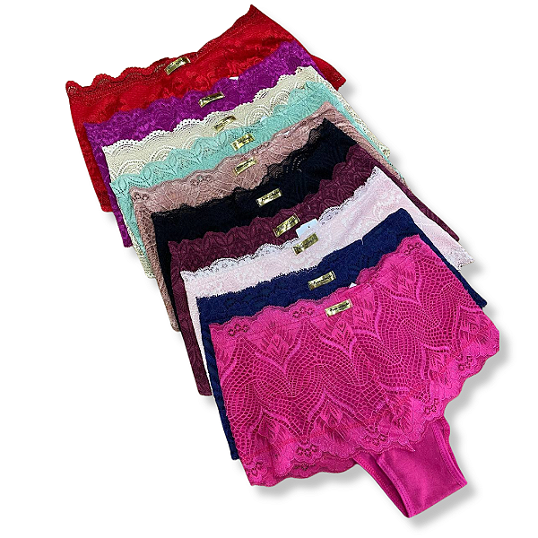 Kit 3 Calcinhas Cinta Pala Alta Algodão com Detalhes em Renda