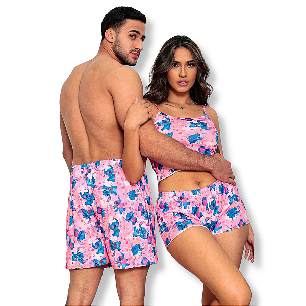 Kit Pijama Casal Personagens  Baby Doll + Samba Canção