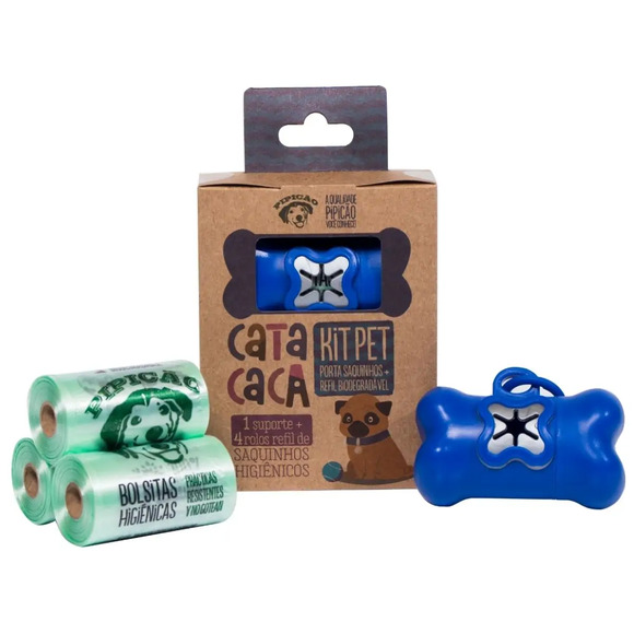 Kit Porta Saquinho Azul Escuro e 4 Rolos de Cata Caca Refil Único