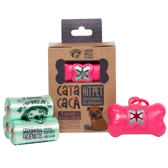 Kit Porta Saquinho Rosa e 4 Rolos de Cata Caca Refil Único