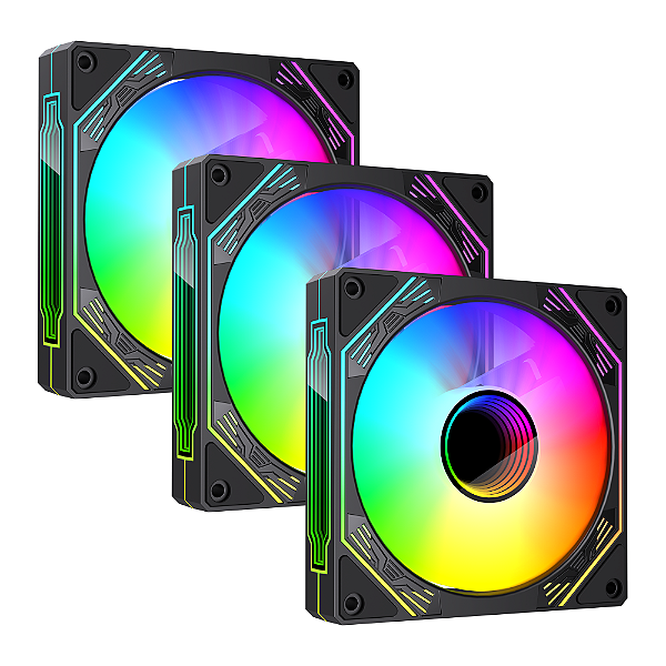 Kit 3 Fans Gamer Ryvel Aspen Black 120mm ARGB com Controladora e Controle – RY-FN-AP-BL