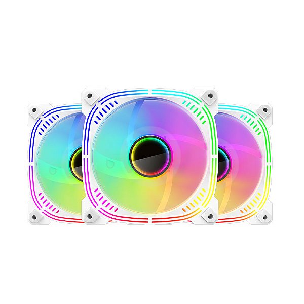 Kit 3 Fans Gamer Ryvel Blanc White 120mm ARGB com Controladora e Controle – RY-FN-BL-WT
