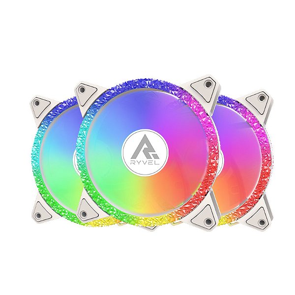 Kit 3 Fans Gamer Ryvel Frost White 120mm ARGB com Controladora e Controle – RY-FN-FT-WT