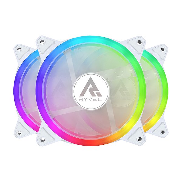 Kit 3 Fans Gamer Ryvel Luna White 120mm ARGB com Controladora e Controle – RY-FN-LN-WT
